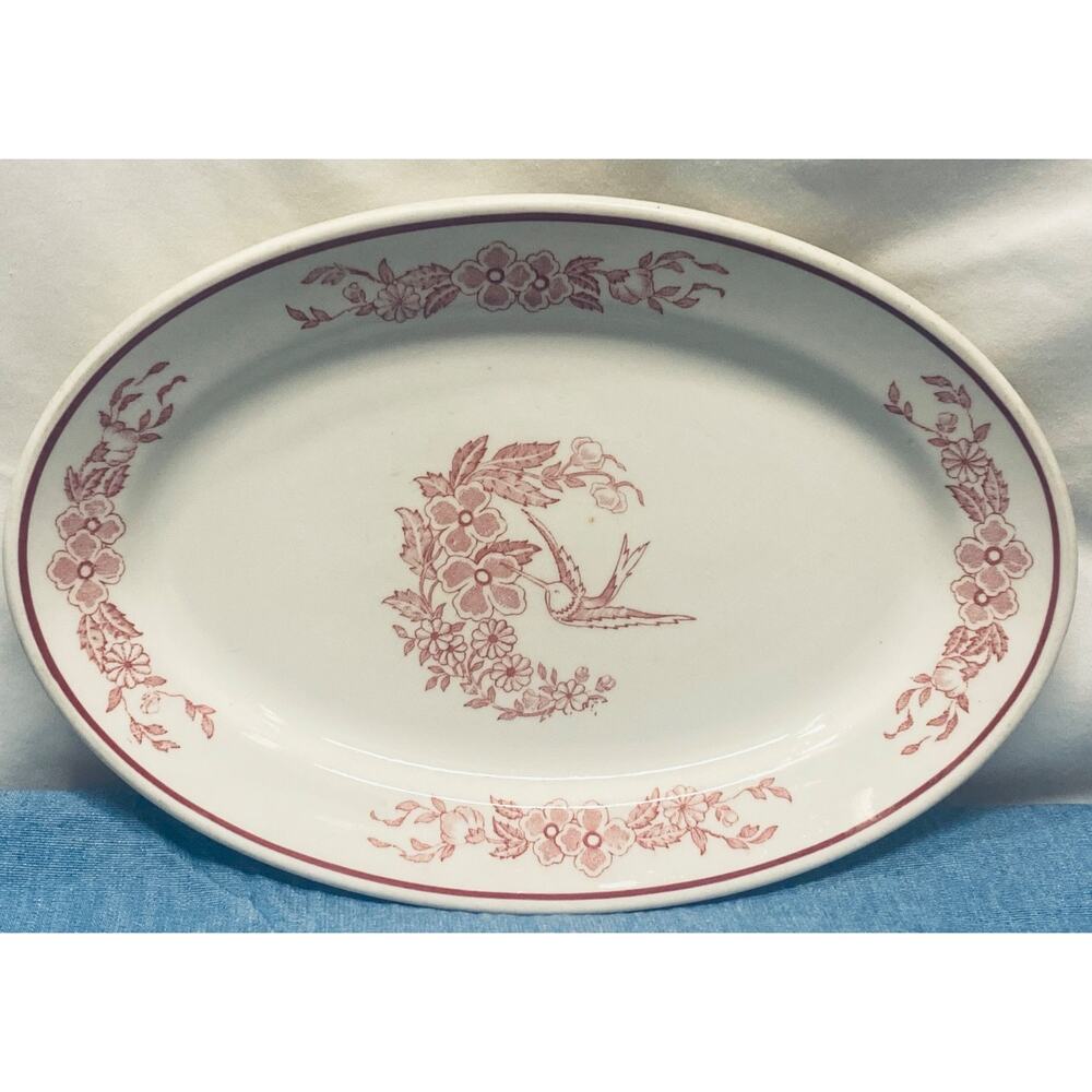 Jackson China Red Transferware Hummingbird 12 1/2 Oval Platter Tray